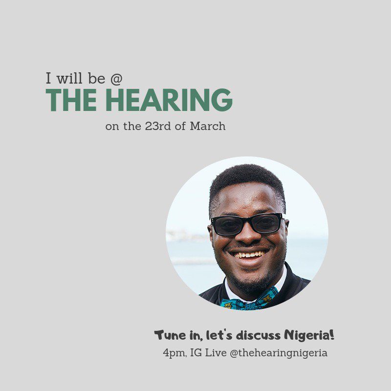 TheHearingNG's tweet photo. Today, we make a difference. We do not discuss problems today, we discuss solutions. We discuss Nigeria. We propagate hope, and possibilities, Tune in on IG @thehearingnigeria by 4pm to watch Abiodun, Damilola, Fashina, Micheal and 46 others discuss! https://t.co/KziGvfqIdf