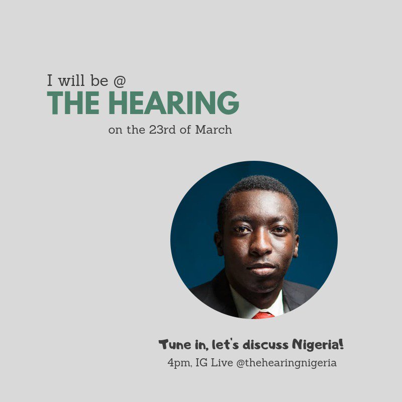 TheHearingNG's tweet photo. Today, we make a difference. We do not discuss problems today, we discuss solutions. We discuss Nigeria. We propagate hope, and possibilities, Tune in on IG @thehearingnigeria by 4pm to watch Abiodun, Damilola, Fashina, Micheal and 46 others discuss! https://t.co/KziGvfqIdf