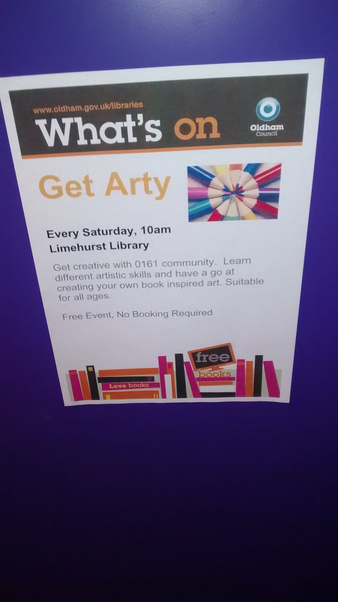 OldhamLibraries's tweet photo. Come and Get Arty with #0161community at #Limehurst library today and every Saturday morning. It's free and suitable for all ages, from 1 to 100. #art https://t.co/IoF3NYPmTt
