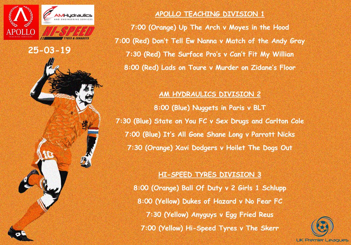 ukpremleagues's tweet photo. ⚽️ Winter Monday Week 14 Fixtures ⚽️
https://t.co/mJ6TTlwzoB

Div 1 Sponsor - @ApolloTeaching 
Div 2 Sponsor - AM Hydraulics 
Div 3 Sponsor - Hi-Speed Tyres
Referees - @ptrefs 
Match Day Bib Sponsor - Talbot Block Ltd

#fisforfootball 
#stevewelsh
#ruudgullit https://t.co/NMMTk3DQFF