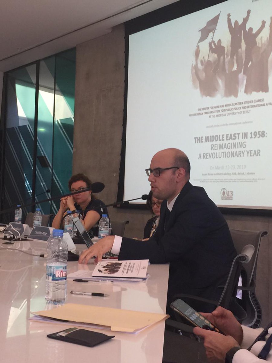 ifi_aub's tweet photo. Fadi Esber, founding associate of @DimashqJournal focused on the Syrian side of 1958 identifying key events that shaped political life in #Syria between independence from France to the merger with #Egypt analyzing the motives of different political parties #TheMiddleEastin1958 https://t.co/i9RyulKtHu