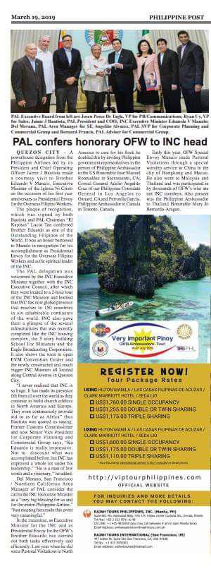 INCNews_Updates's tweet photo. Brother Eduardo V. Manalo, Executive Minister of the Iglesia Ni Cristo, was honored as one of the Outstanding Filipinos of the World by Philippine Airlines for his accomplishments as Presidential Envoy for OFWs and as the Spiritual Leader of the INC.
#philippineairlines
#1withEVM https://t.co/NDmGHYKtr4