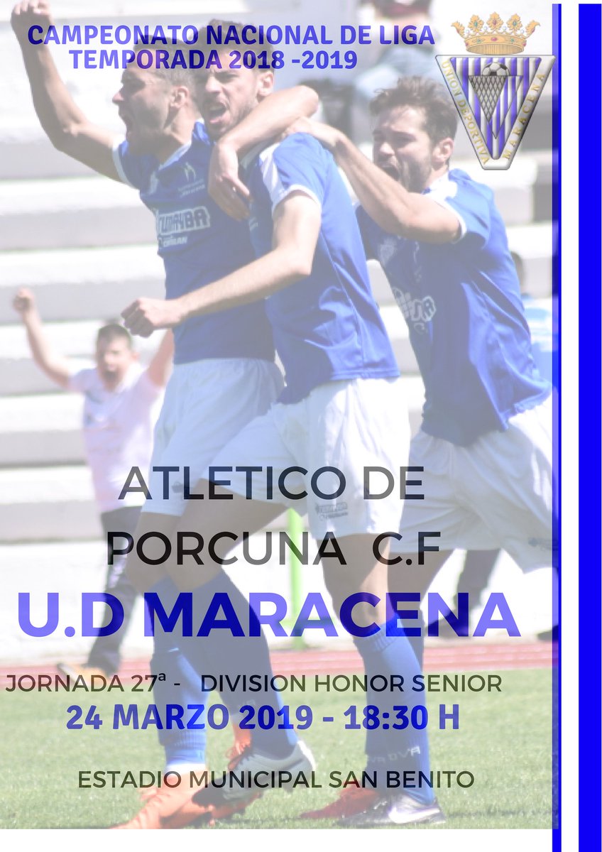 ⚽ ¡ PRÓXIMO PARTIDO DE LIGA !   ⚽                

🆚 Atletico Porcuna C.F  @AtcoPorcunaOfic   

📅Domingo, 24/03    ⏱18:30           

🏟 Estadio Municipal San Benito

¡¡¡¡ LUCHA POR EL LIDERATO DE LA LIGA !!!

 #VamosMaracena
  #DivisiónHonorSenior