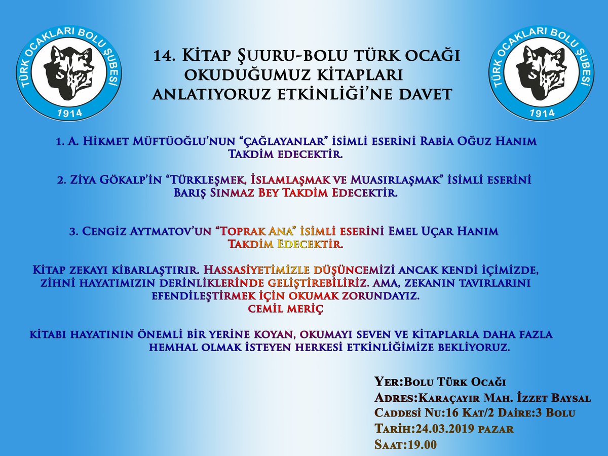 "Kitap zekayı kibarlaştırır. Hassasiyetimizle düşüncemizi ancak kendi içimizde, zihni hayatımızın derinliklerinde geliştirebiliriz. Ama, zekanın tavırlarını efendileştirmek için okumak zorundayız. "
Cemil Meriç