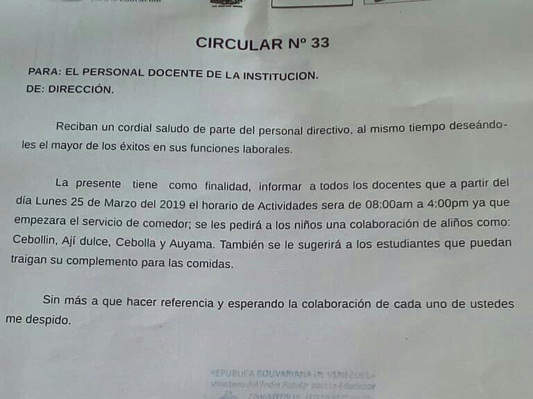 Cteconflictosu1's tweet photo. Esta es la circular que pasa uno de los directores en las escuelas que conforman el Municipio Sucre en el estado Mérida para vulnerando los derechos del niño a una alimentación adecuada para decir que en las escuelas el PAE funciona a la perfección! https://t.co/uMlRfH10oR