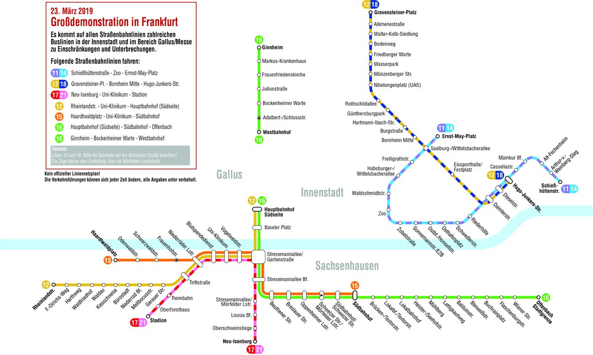 Für alle die heute mit den Straßenbahnen von <a href="/vgf_ffm/">VGF</a> fahren wollen, haben wir diesen kleinen Übersichtsplan erstellt.
Bitte beachtet, dass das kein offizieller Plan ist und sich die Verkehrsführungen jeder Zeit ändern können!
