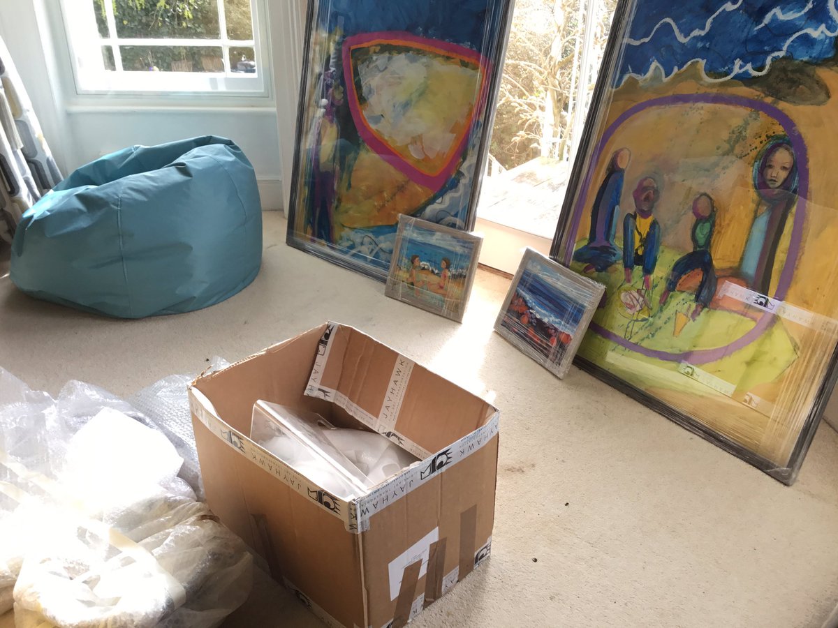 Debslast's tweet photo. Just collected framed work ready for hanging next week in the Coast exhibtion at Musgrove Hospital Gallery. My house is filling up with other people’s work as well. Exciting  #artforlife #curation #macapplym #artist https://t.co/RgKm7cc9aq