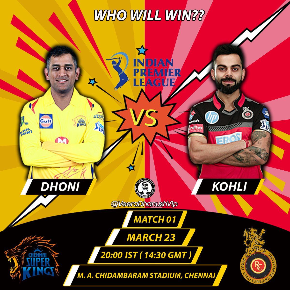 iamveeradhanush's tweet photo. Who Will Win? #CSKvsRCB #IPL2019 π
.
#CSK vs #RCB
#Chennai #Bangalore
#Dhoni #Kohli #VIVOIPL2019
#IPL2019 #IPLCricketFever https://t.co/4FmM5MRhM5