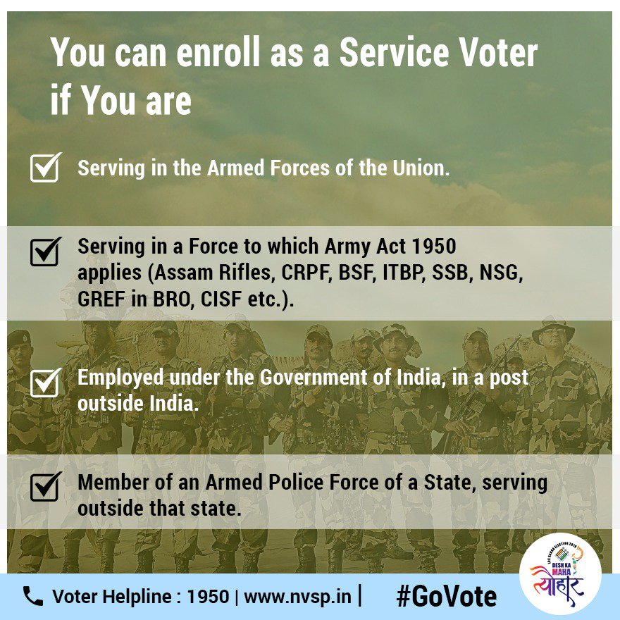 Pride of the nation!
Those serving in armed forces and other identified services can enroll as Service Voters and exercise their franchise through Electronically Transmitted Postal Ballot  (ETPB). 
Do not miss out to be a part of #Loksabhaelections2019.
#DeshKaMahaTyohar #GoVote