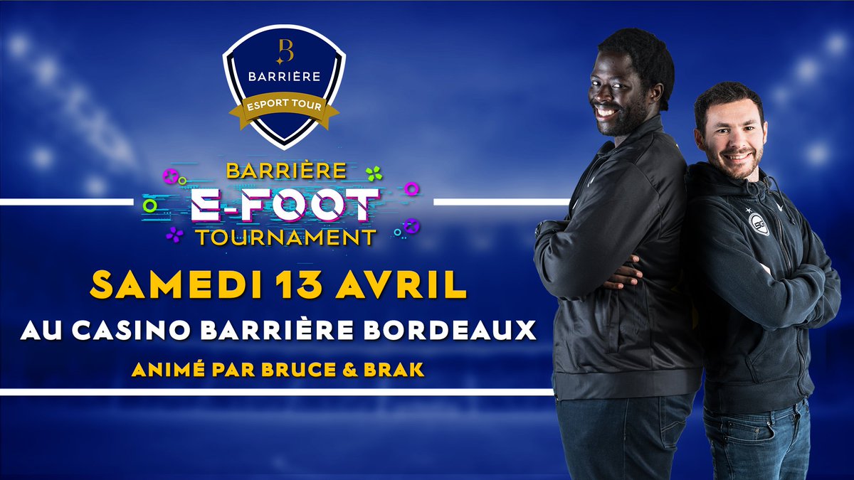 Après Royan, le Barrière eSport Tour s'installe à Bordeaux pour une compétition e-foot animée par <a href="/BruceGrannec/">Bruce Grannec</a> et <a href="/brak2K/">Mahmoud Gassama</a> ! ⚽️🎮 

Cette nouvelle étape aura lieu le samedi 13 avril au Casino Barrière Bordeaux #BarriereEsportTour

Inscriptions ici 👉 barriere-esport-tour.fr/event/barriere…