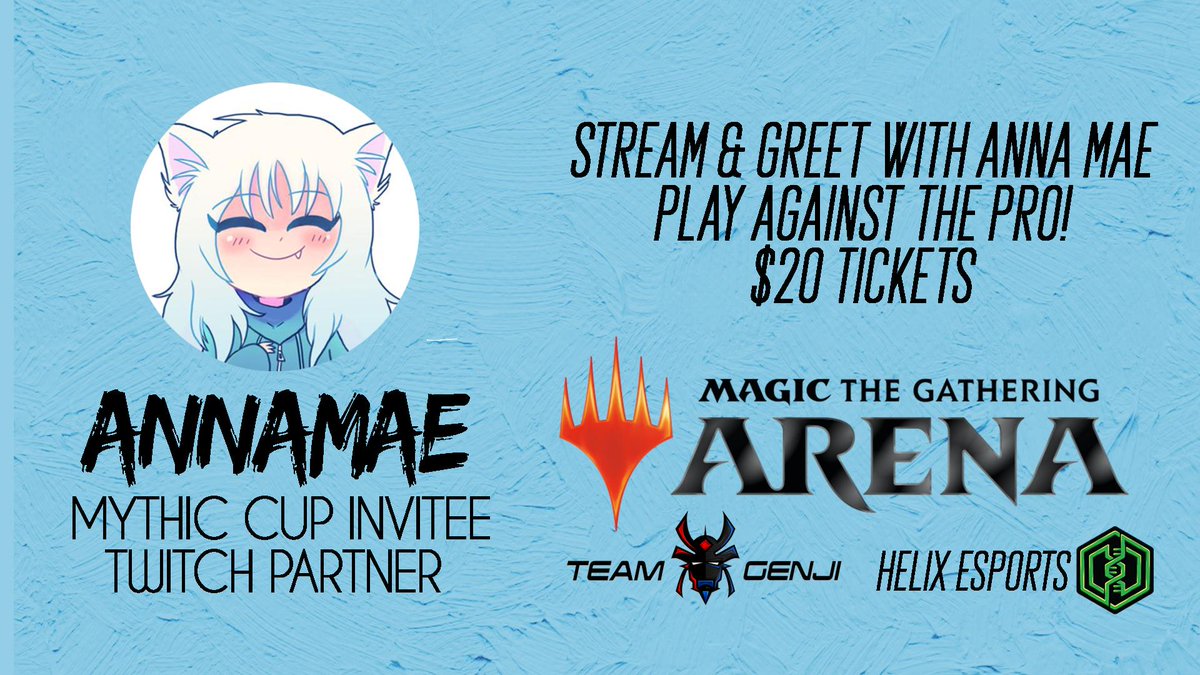 HelixeSportsUSA's tweet photo. Come play @wizards_magic with Mythic Cup Invitee and
@Twitch Partner @AnnaMaeStreams!
Tomorrow at 4:00 PM. Purchase tickets here: https://t.co/rrR2ApBHFw
#MagicTheGathering #HelixNation #TeamGenji https://t.co/airHLjDGGe