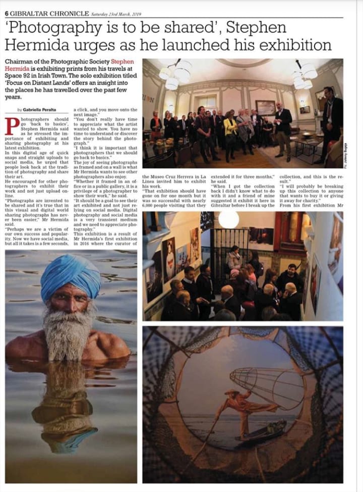 BrightlMed's tweet photo. Stephen Hermida's Photo Exhibition ‘Focus on Distant Lands’ in @GibChronicle! Visit "@Space92Gib at 92 Irish Town! The exhibition will be open until 31st of May during Office Hours (9am till 5pm). Admission free https://t.co/xKxCUIZA8W