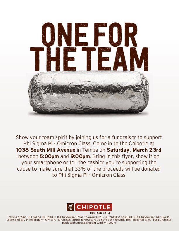 PhiSigmaPi_ASU's tweet photo. Do you love Chipotle? Well then come support PSP and get some yummy food!! #chipotle #ASU https://t.co/hC4oiZqNPU