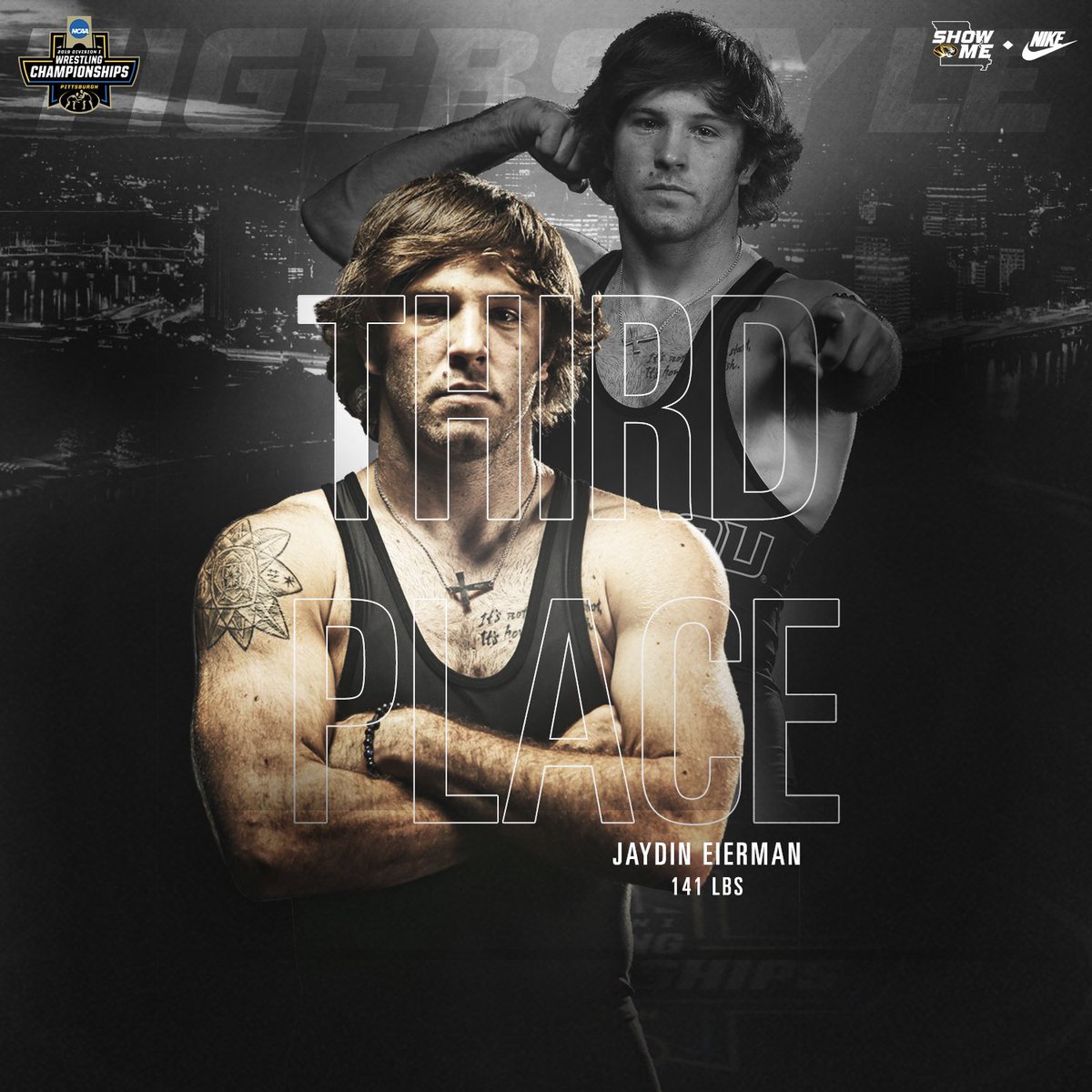 MizzouWrestling's tweet photo. 1️⃣4️⃣1️⃣ | THIRD PLACE FOR @JEierman141 🥉‼️

He upends No. 9 Dom Demas (Oklahoma), 2-0, for his best finish ever  at the NCAA Championships 💪 https://t.co/NHkk9X7gXy