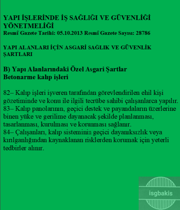 isgbakis's tweet photo. 82- Kalıp panolarının, geçici destek ve payandaların üzerlerine binen yüke dayanacak şekilde kurulması sağlanmalıdır.
#isg #işgüvenliği  #insaat #kalıp #inşaat #şantiye  #osgb #iskazasi #hazards #unsafe #osgb #forworkers  #engineer #yönetmelik  #work #isgbakis #HaftasonuPlanım https://t.co/k8t1ISpbx1