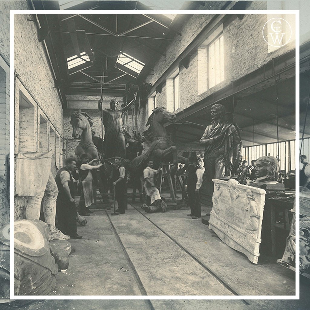 Over the coming weeks, we'll be sharing images from glass negatives that have been held at #Frome Museum Trust, and will be displayed at Rook Lane Chapel this year for  "Casting The World". Here's Boudica &amp; her daughters after casting in 1897 who now lives on #London Embankment!