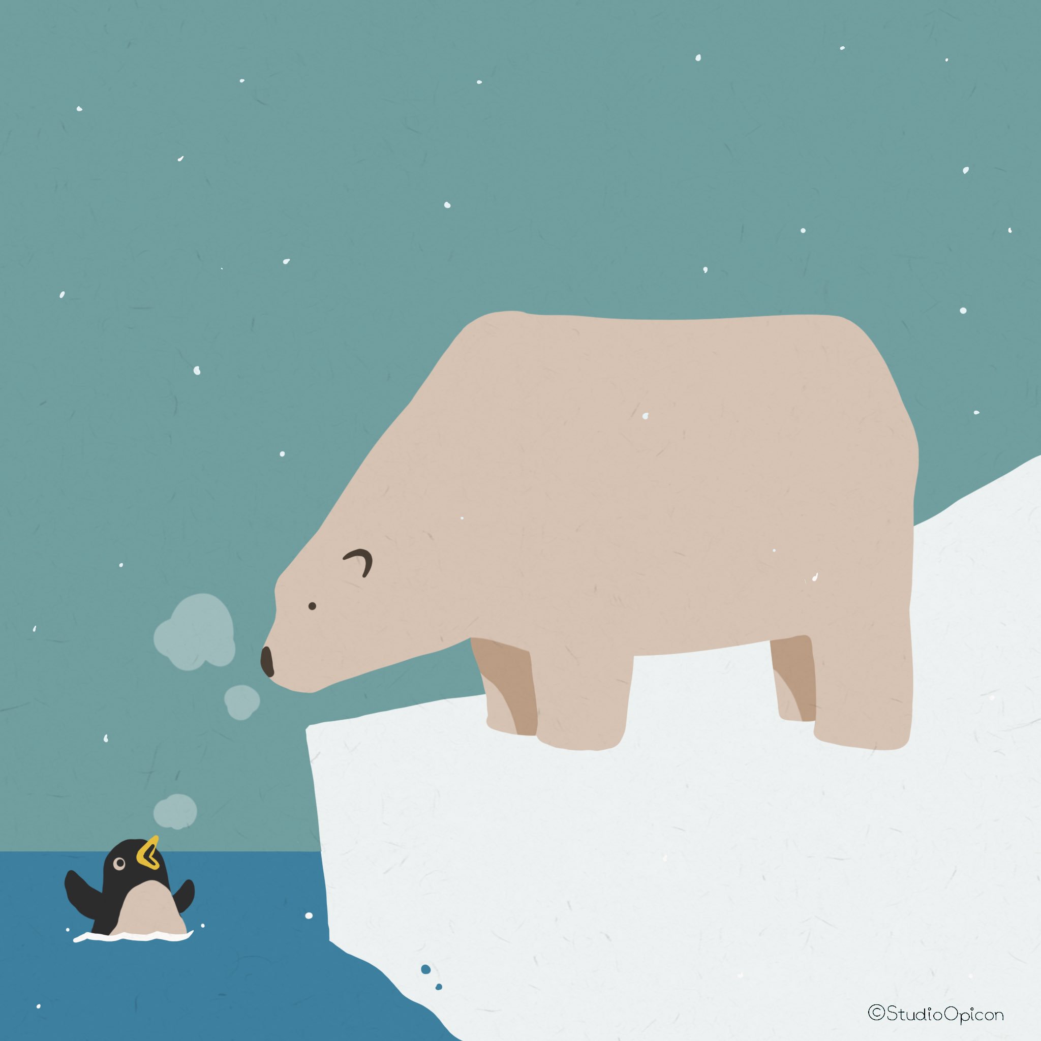 Studioopicon 南極 北極 まさかの出逢い イラスト 絵 キャラクター シロクマ ホッキョクグマ ペンギン 動物イラスト デジタルイラスト Illustration Art Drawing Character Polarbear Penguin Pygoscelisadeliae Animalillustration