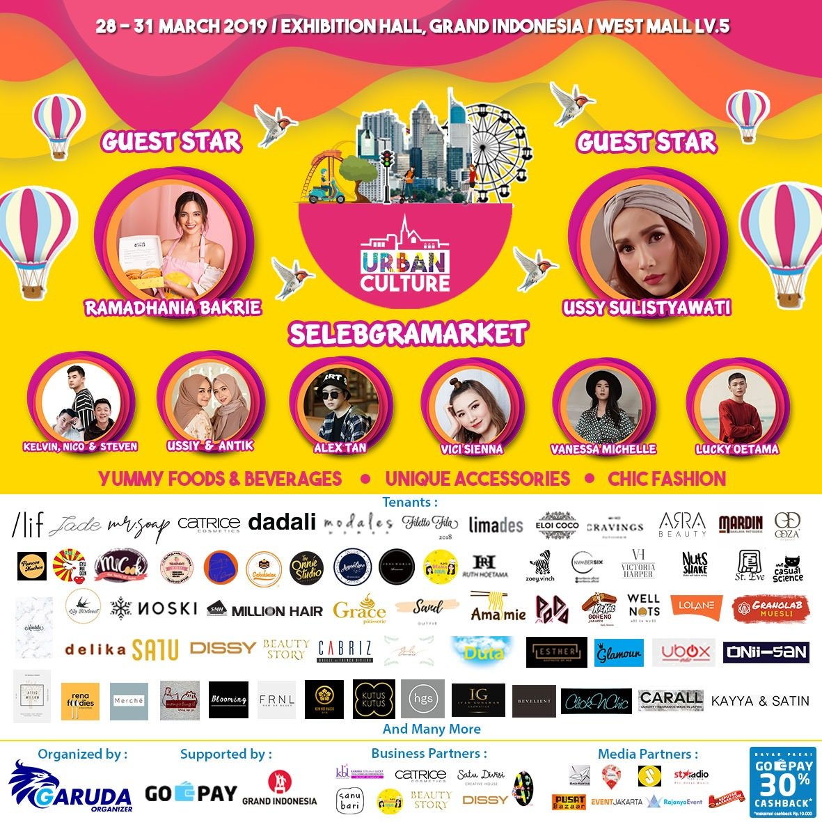 Come and Shop with us at Simply Pop Up Market "Urban Culture Festival". Get special 30% CASHBACK from GOPAY (max cashback Rp 10.000) for any purchases at Urban Culture Festival Tenants. Meet and Greet with our guest star and influencers, also enjoy our various workshop. See you