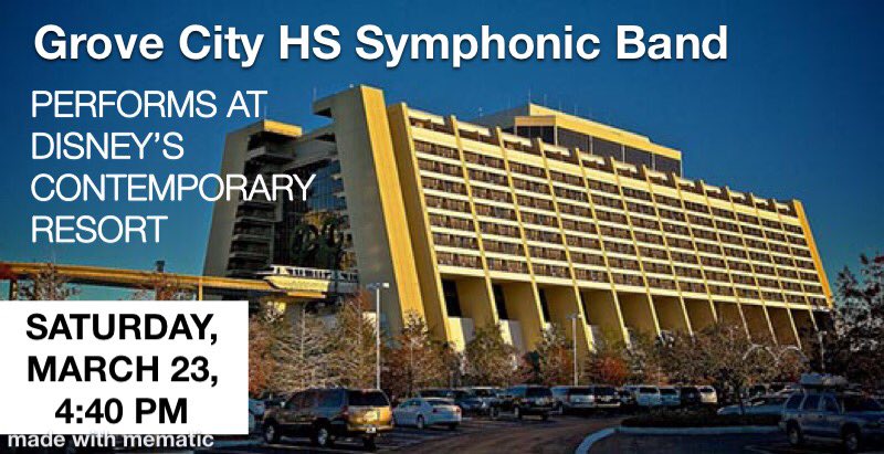 gchsbands's tweet image. All invited!! Grove City High School Symphonic Band Performs at Disney’s Contemporary resort today. Come enjoy the show! #gchsband2019 #DisneyWorld @GroveCityOhio @SWCSD