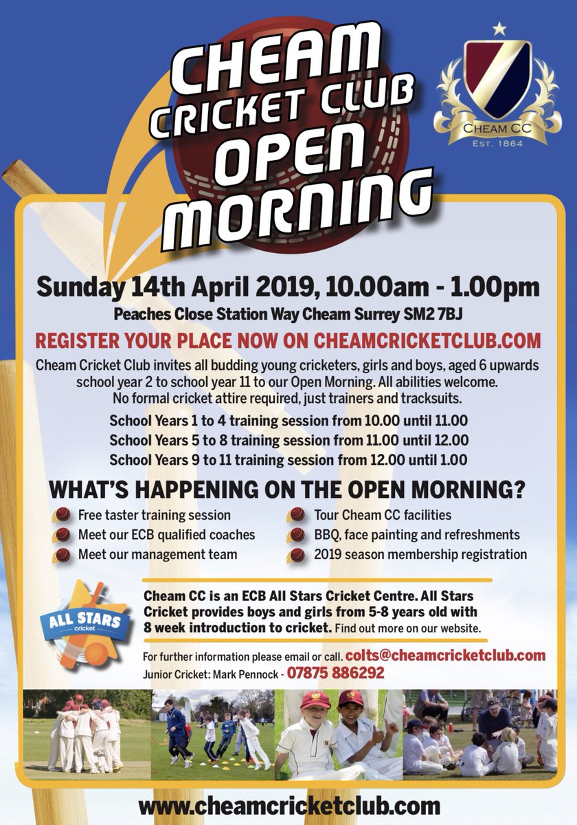 <a href="/Cheam_CC/">Cheam Cricket Club</a> Open Morning 2019 now open for registration. Taster training sessions, club tours, bbq and lots more <a href="/WOICheam/">WOICheam</a> <a href="/Whatoninsutton/">whatsoninsutton</a> <a href="/whatsoninsurrey/">What's on in Surrey</a> <a href="/whatsoninepsom/">What's On in Epsom</a> <a href="/whatsoninmerton/">What's on in Merton</a>  <a href="/SurreyCricketFd/">Surrey Cricket Foundation</a> @NECColtsCricket link goo.gl/forms/L1lc7tyL…