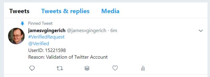 jamesvgingerich's tweet photo. Hey folks!   Need a favor.   Attempting to get my Twitter Account Verified.  If you appreciate the content I Tweet, would you mind going to my user profile page  @  https://t.co/ElEj9sOC26 ?  Then if you could like and share my pinned tweet below I would appreciate it.  Thanks! https://t.co/WdB6KGbe7L