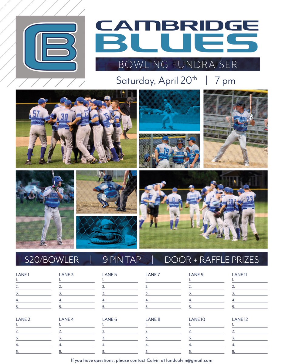 Cambridge Blues (@bluescambridge) on Twitter photo Join the Blues in April 20th at 7 PM for our first bowling fundraiser! $20/bowler at Lake Ripley Lanes! Join the Blues in April 20th at 7 PM for our first bowling fundraiser! $20/bowler at Lake Ripley Lanes!