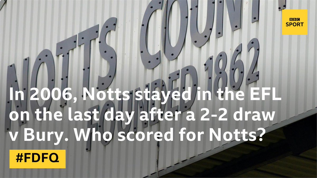 BBCRNS's tweet photo. This week's football question is indeed, fiendishly difficult..!
Get your answers in using #FDFQ!
#notts #stags https://t.co/69Nf3lN6rB