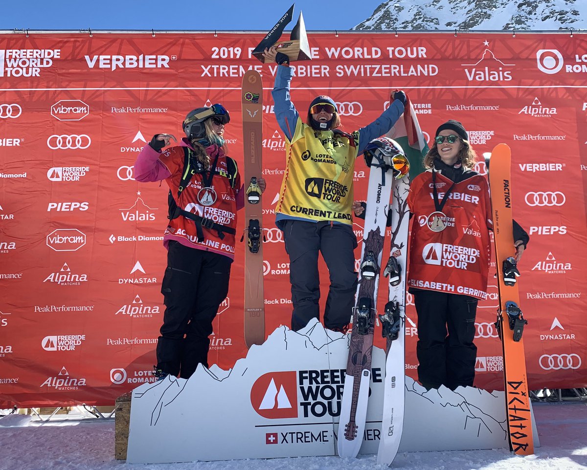 FreerideWTour's tweet photo. An incredible end to a phenomenal season! Congrats to our 4 #FWT19 World Champions Markus Eder, Victor de Le Rue, Arianna Tricomi, Marion Haerty and to all the riders! #DROPIN @VerbierResorts @valaiswallis https://t.co/OlO0nr3ITU