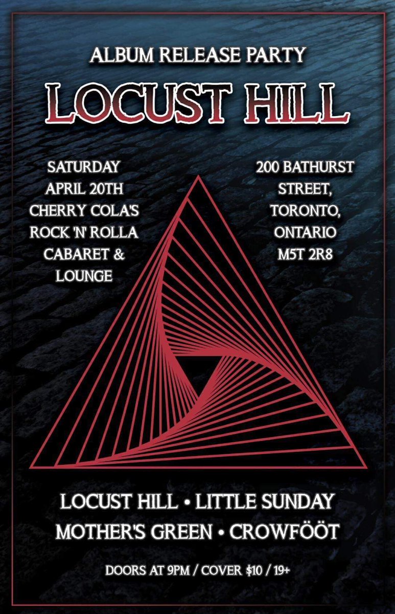 LIVE APRIL 20TH, 2019
Cherry Colas Rock n' Rolla Cabaret and Lounge // 200 Bathurst Street, Toronto
19+ Show. Cover. Doors Open 8pm #torontolive #newmusicalert #rockmusic #newrock #supportlivemusic #cdrelease #hardrock <a href="/littleSUNDAY/">littleSUNDAY band</a> @torontomusicrev <a href="/949TheRock/">949 The Rock Toronto</a>