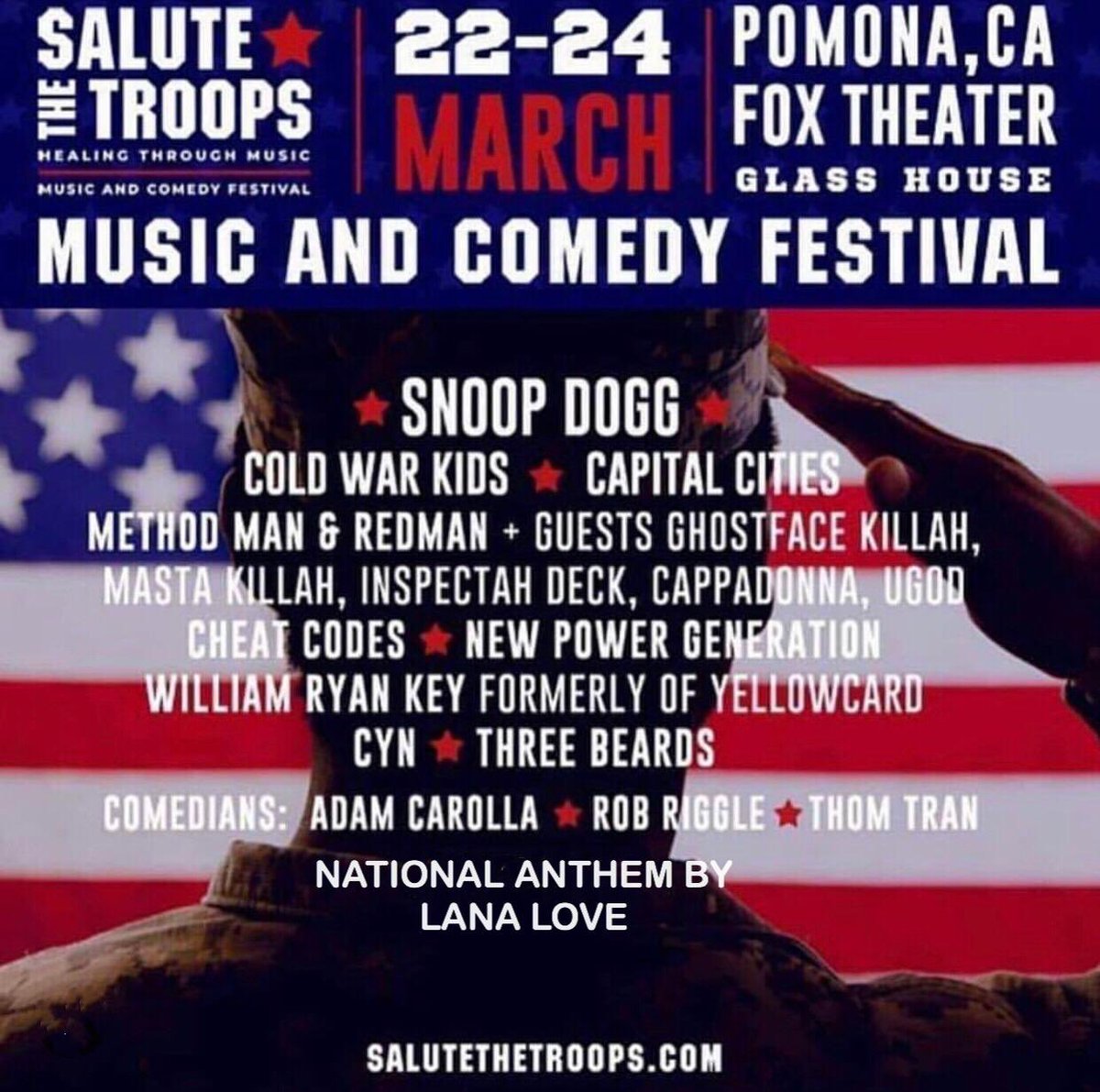 Honored and excited to have our very own <a href="/lanalovemusic/">Lana Love</a> singing the #nationalanthem at the 2019 <a href="/salutethetroop1/">salutethetroops</a> 🇺🇸 today 6.23.19❗️feat. <a href="/snoopdogg/">Snoop Dogg</a>, <a href="/methodman/">methodman</a> , <a href="/therealredman/">Redman</a> &amp; <a href="/WuTangClan/">Wu Tang Clan</a>, <a href="/ColdWarKids/">Cold War Kids</a>❗️💥 🙏🏾 #KwasiAsare <a href="/rachelkarry/">Rachel Karry</a> 
Buy tix: SaluteTheTroops.com