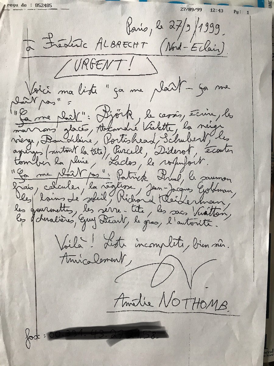 fredalbrecht's tweet photo. ❤️Björk, Portishead, Baudelaire...
💔 Bruel, les gourmettes et Guy Béart...
Le « ça me plaît / ça me plaît » que m’avait faxé Amelie Nothomb en 1999, mes années dans la PQR, beaux souvenirs ! #nordeclair #esjlille https://t.co/8uwp1CBHwp