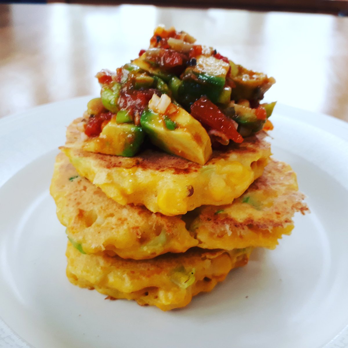 Corn Pancakes with Spicy Avocado Salsa made with our own homemade tomato relish 
#recipes #jalapeno #breakfastinspiration