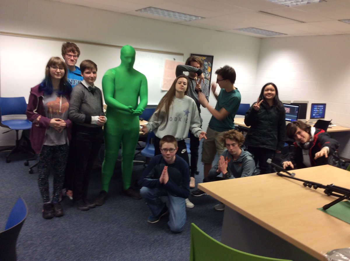 Motion graphics and Animation class at the hub keeping it real. Keying and special effects week. Plus, Rob broke the zipper and was stuck in the suit! #InnovationCampus #thehub #hilliardcityschools