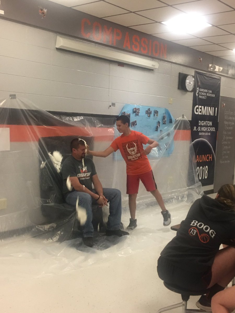 LeightonRudd's tweet photo. @USD482Dighton student Pedro A. wins the opportunity to throw a pie in Mr. Colson’s face!  Super success in the focus area frenzy!  Dighton students work hard! https://t.co/sI9KzJvXnG