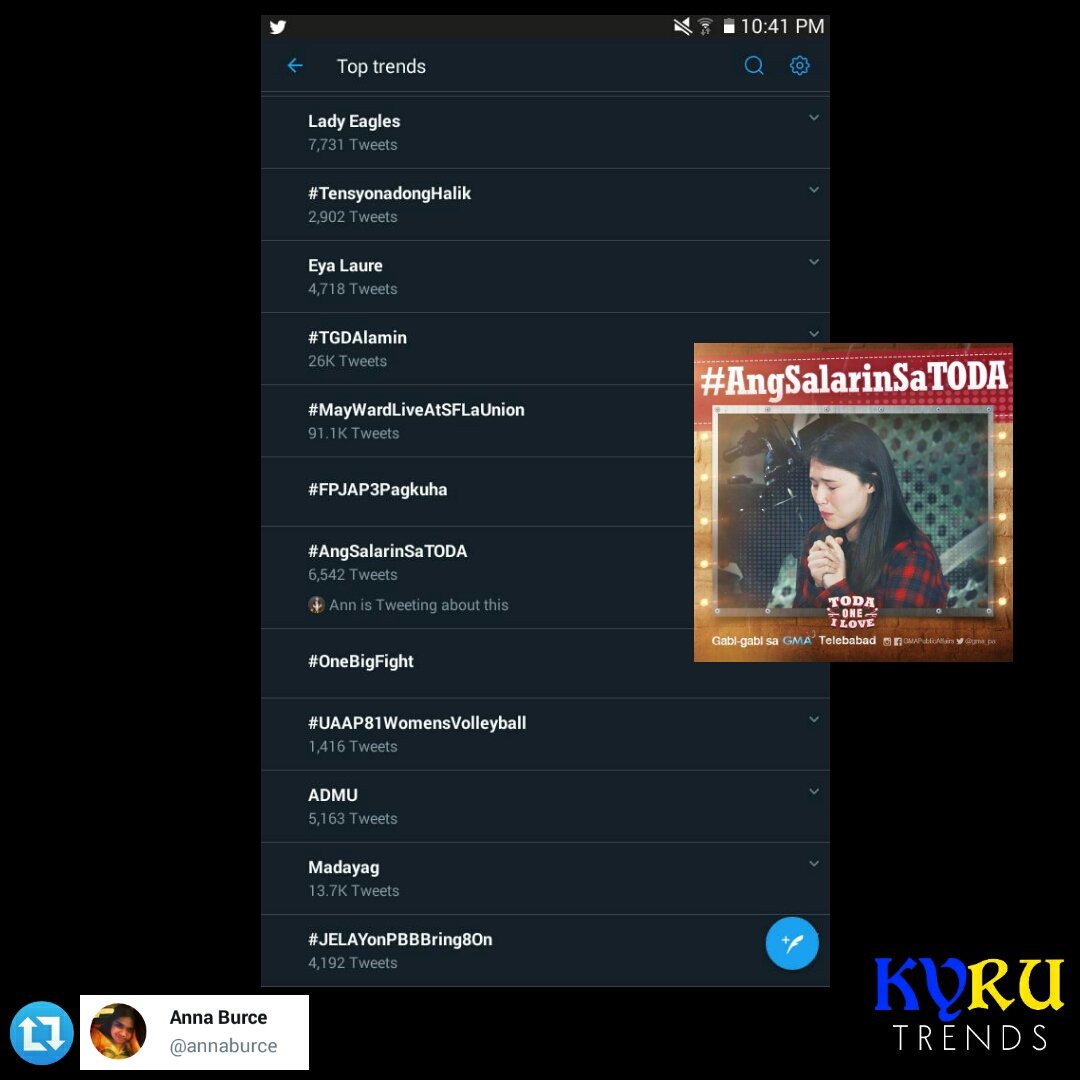 KaiReux's tweet photo. Trends : 03.20.19
#AngSalarinSaTODA - 2nd spot NW
          - 15th spot [ tailored trends ] https://t.co/b2gWoIqKDL