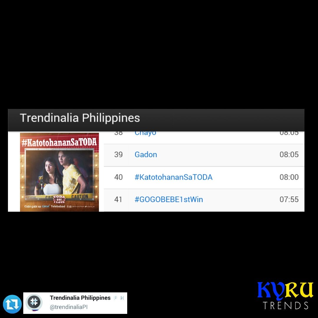 KaiReux's tweet photo. Trends: 03.20.19
#KatotohananSaTODA- 40th spot NW
emong - 286th spot NW https://t.co/Kkgeqb7j28