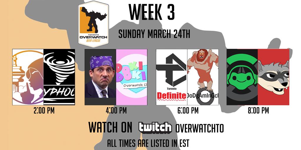 Overwatch_TO's tweet photo. We are back tomorrow for some more crazy game plays! Check out the schedule below for the times that our teams will be playing at! 

Follow our twitch account to watch the games when they go live tomorrow: https://t.co/xUyqFqoS3o

#TOBL3 #OverwatchTO #TorontoOW #BeerLeague https://t.co/nspJDzlpGA