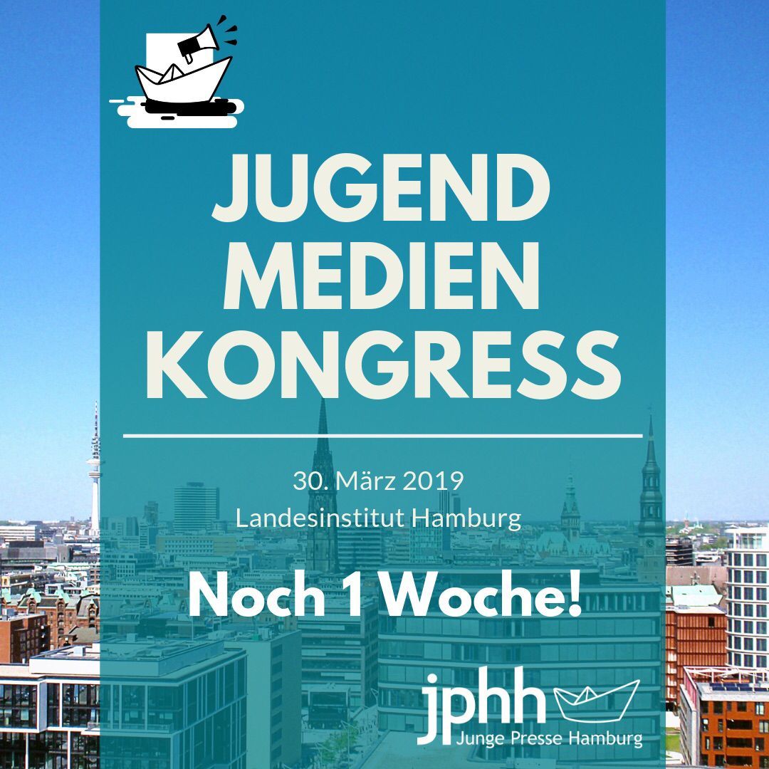 jpnord_de's tweet photo. Nur noch eine Woche bis zum #JMK19! 😱 Bist du schon dabei? Am 30. März erwarten dich coole Medienworkshops und eine Menge Spaß 😍 

Melde dich jetzt an unter https://t.co/WN22AVmwvL! 🎉
#jmk19 #jphh #jugendpresse #laut #stark #medien #workshops #networking #journalismus https://t.co/QbaaEOLNo4