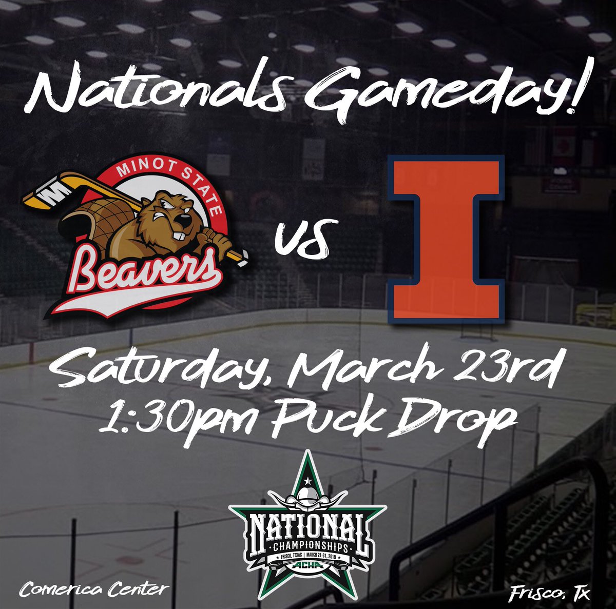 MSUBeaversMHKY's tweet photo. 🚨GAMEDAY!🚨

🏒 #6 Beavers vs #11 Illini
🕰 1:30pm cst
📍 Comerica Center | Frisco, TX
🎥 https://t.co/k8XJkHCBlM
🌆 MinotStateHockey (Instagram)

Make sure you head down to Spicy Pie Pizza Minot, to grab a bite to eat and watch the game! 
#BeaverHockey https://t.co/G7zn339ehx