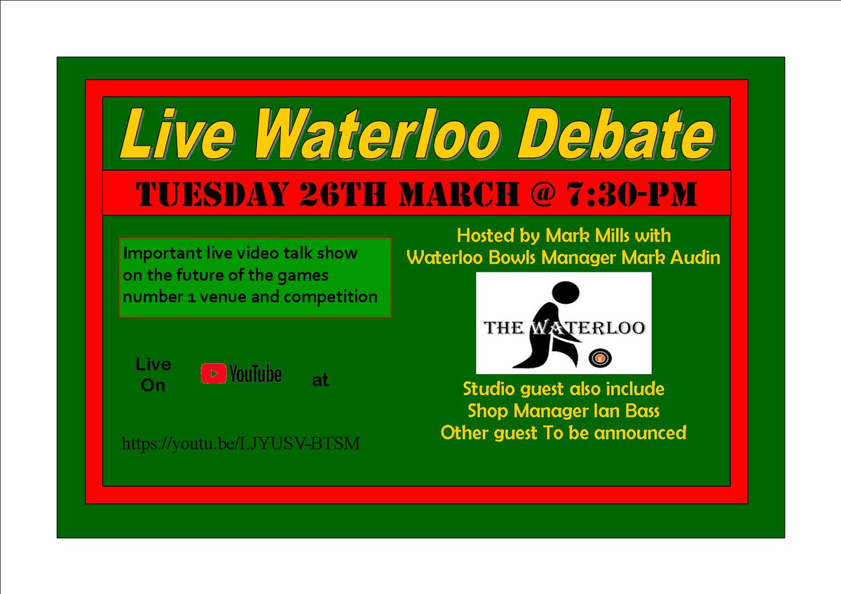 WaterlooBowls's tweet photo. This Tuesday 26th March at 7:30pm we have a live broadcast on our You Tube Channel via this link https://t.co/WiegRrbD0W We will be discussing all things regarding the Waterloo, and questions will be taken on the night. Please Tune In...... https://t.co/UWfRfbesOp