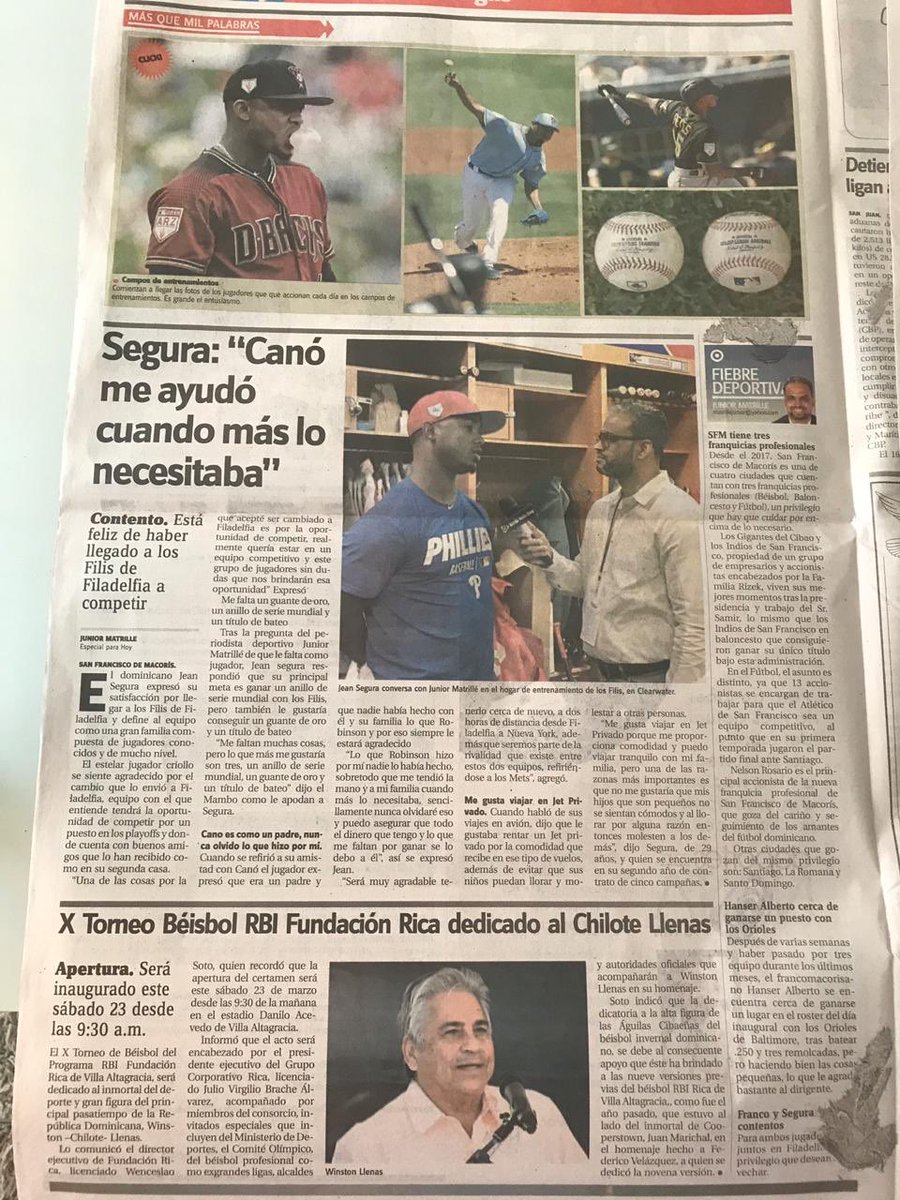 JuniorMatrille's tweet photo. Nuestro trabajo para hoy en el @PeriodicoHoy con @Jeansegura02 un buen jugador con importantes valores como ser humano! Lea la historia completa. #PeriodicoHoy #Gigante #matrillémediagroup #CoberturaGL #SpringTraining19 https://t.co/nbRCNZgozt