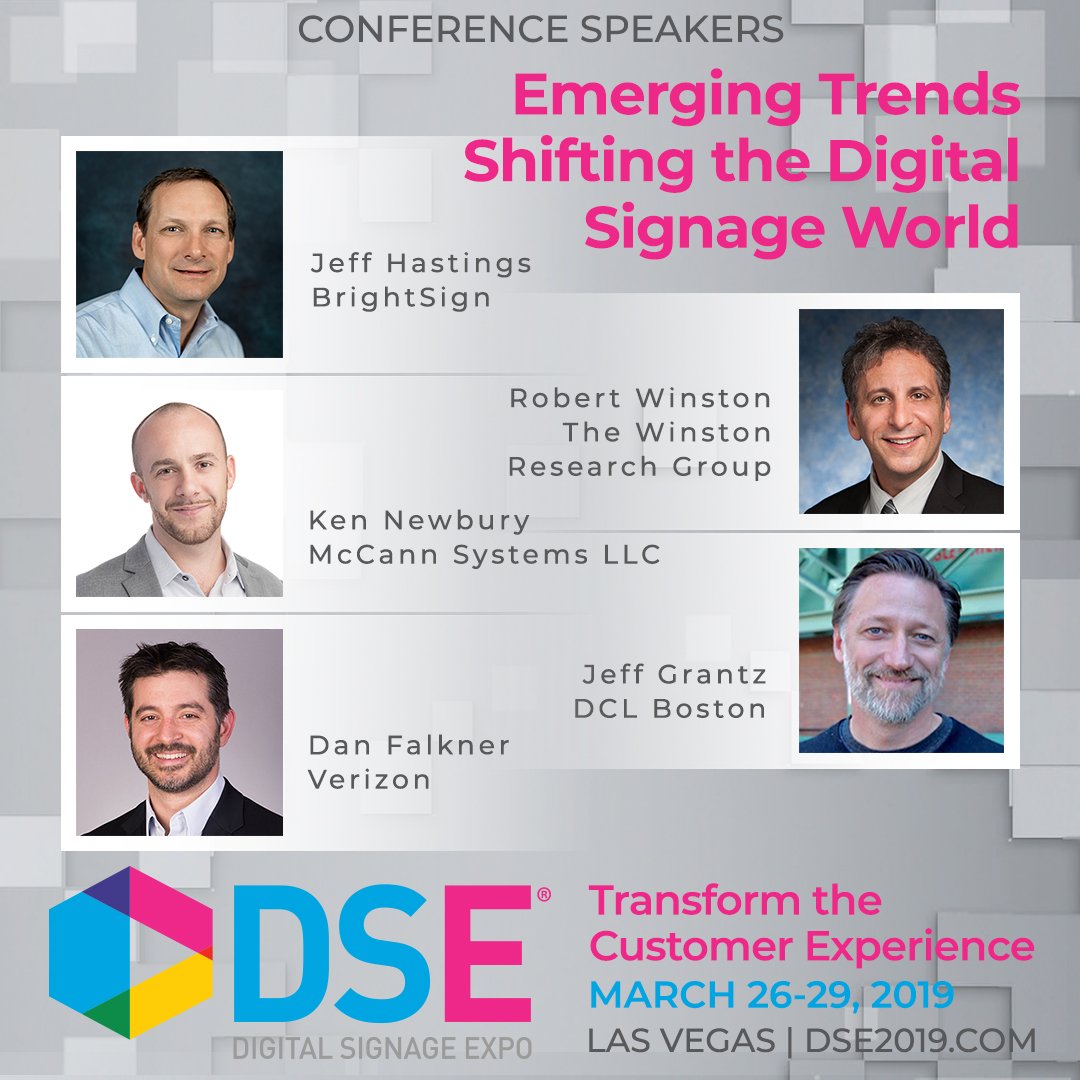 DSEShow's tweet photo. Jeff Hastings of @BrightSign, Robert Winston of
#WinstonResearchGroup, Ken Newbury of @McCannSystems, Jeff Grantz of @DesignCommLtd & Dan Falkner of @verizon will explore #touchinteractive #projectionmapping #facialrecognition & more! https://t.co/IOclgh1jUF #DSE2019 #avtweeps https://t.co/E6SOCL4YXG