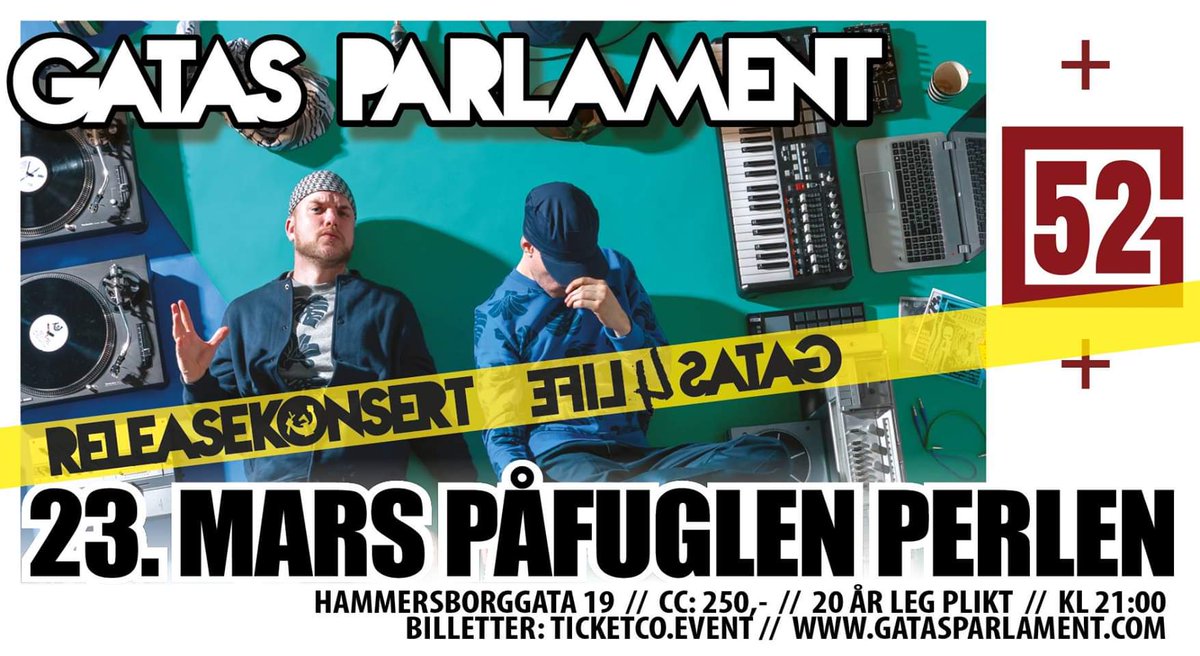 GatasParlament's tweet photo. Gatas Parlament feirer #efil4satag i dag! Kan du ikke komme? Ekstraservice! Det blir #livestream fra omtrentlig 21 https://t.co/MUVozZIdhO #releaseparty #musikk #norskrap #norskhiphop @tommyklemp @1wolverine1 https://t.co/aZRhaiDLpC