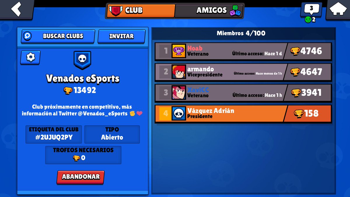Clan nuevo para el competitivo de <a href="/BrawlStarsES/">Brawl Stars ES</a>, si estás interesado en formar parte del equipo únete al clan e inmediatamente manda MD, estamos buscando gente activa y sobretodo comprometida, es nuevo proyecto. 🇲🇽✊🎖️