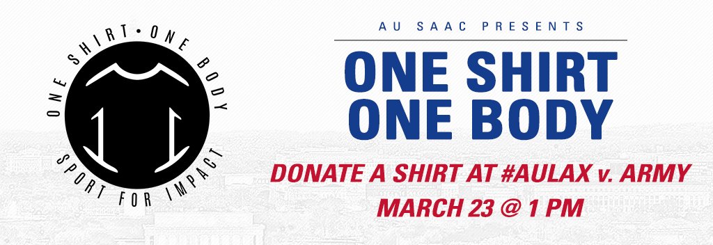 AU_BlueCrew's tweet photo. 👕DONATE TODAY👕

At today's @AU_Lacrosse game at Jacobs Complex the @AUeagles Student-Athlete Advisory Council (SAAC) will be collecting new &amp; used American-branded shirts! Donate &amp; you will be entered into a drawing to win a $50 gift card from @robekstenley.

#OneShirtOneBody https://t.co/ycnaopu0wH