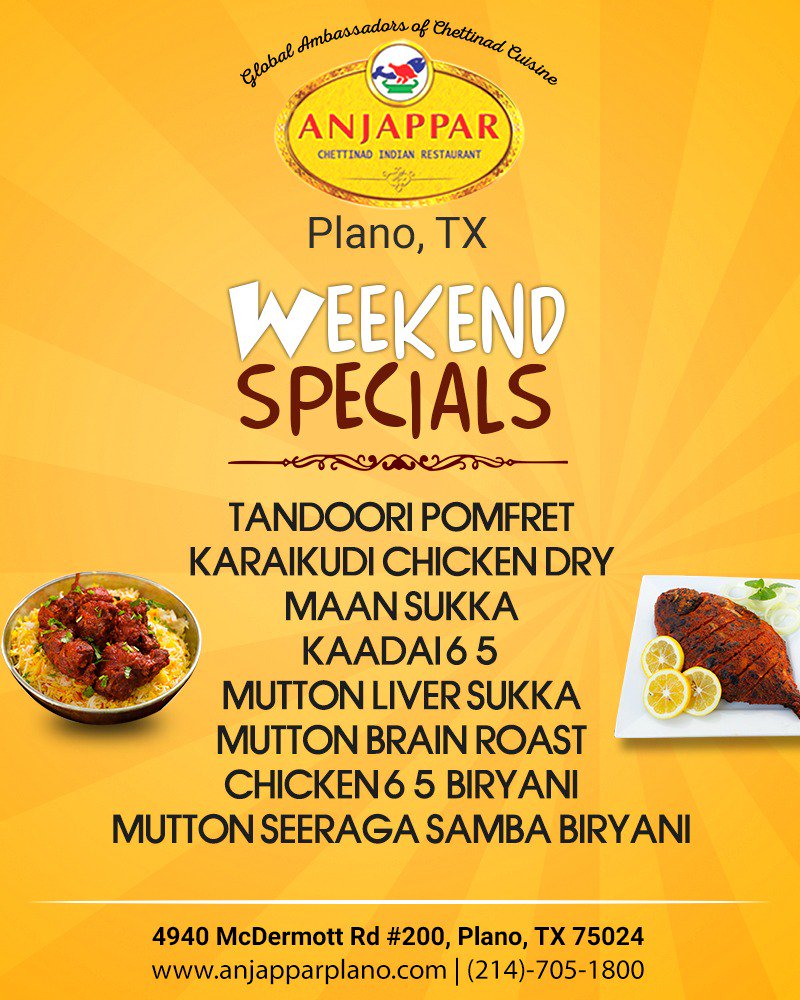 Anjapparplano's tweet photo. Experience the Deliciousness in every bite with our all weekend specials
Visit Us: https://t.co/5gsyl10MIp
#AnjapparChettinad #Plano #Indianrestaurant #family #biryani #pack #specials #Menu #dishes #tasty #yummy #crispy #licking #online #order #delivery  https://t.co/Jc1J5oHXpu https://t.co/J4ZsUypXzG