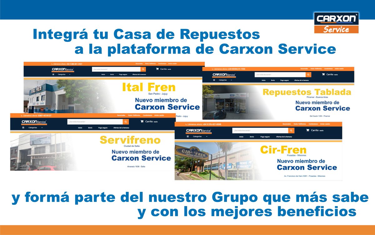 CarxonService's tweet image. Hacé como ellos! 
Sumá tu Casa de Repuestos a nuestra plataforma!
Envíanos tu consulta a cs@rtautopartes.com.ar
@RepTablada @carxon_arg #CirfrenPosadas #ServifrenoSalta #ItalfrenJujuy #gpautopartes
#Salta #Misiones #Jujuy #BuenosAires #Pinamar #Posadas #Argentina