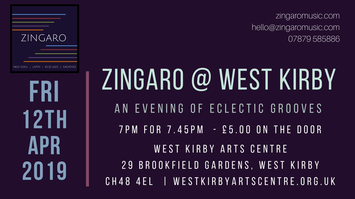 Join us on 12 April for our 4tet gig at @WKArtsC West Kirby Arts Centre 
#zingaromusic #neosoul #latin #jazz #acidjazz #souljazz #eclectic #grooves #merseyside #liverpool #liverpooljazz #liverpoolmusic #merseysidemusic #wirralmusic