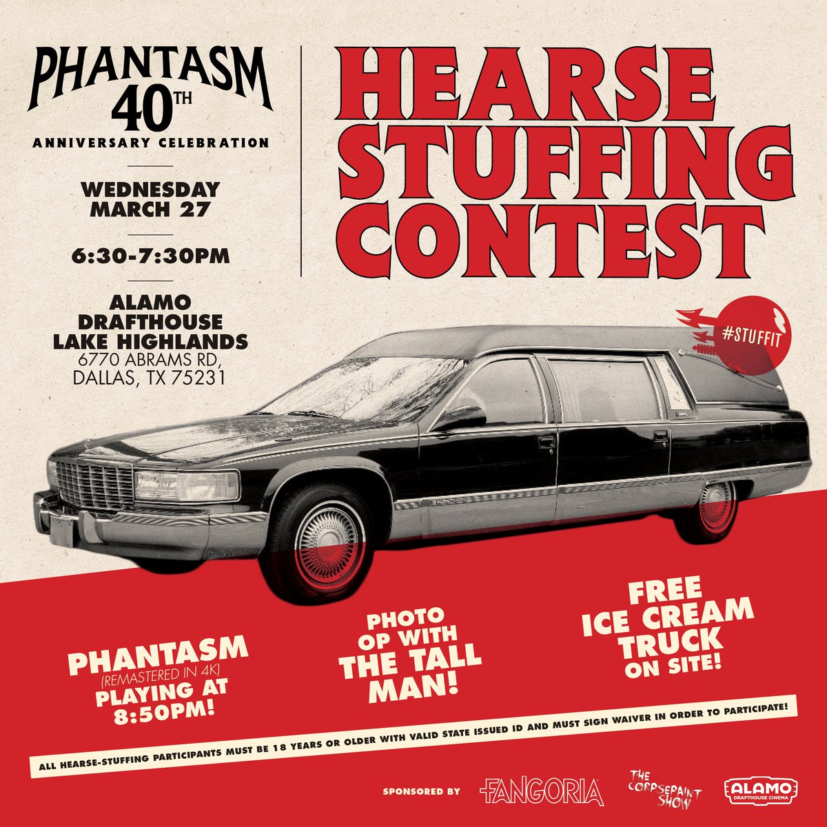 CorpsepaintShow's tweet photo. Its free to get stuffed in @CorpsepaintShow 's hearse !  In Dallas, at @alamodrafthouse , Lake Highlands.  Sponsored with @FANGORIA  HEARSE STUFFING and screening of Phantasm !  Its time to get in the back !! https://t.co/bhXujsByB2