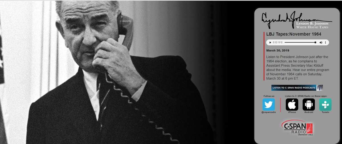 cspanradio's tweet photo. Saturday 6 pm ET: Go behind the scenes of the 1964 election with LBJ's calls:

https://t.co/bYjVyBi4Bj

#LBJTapes #HearHistoryHappen https://t.co/ZoTxNpJqjW